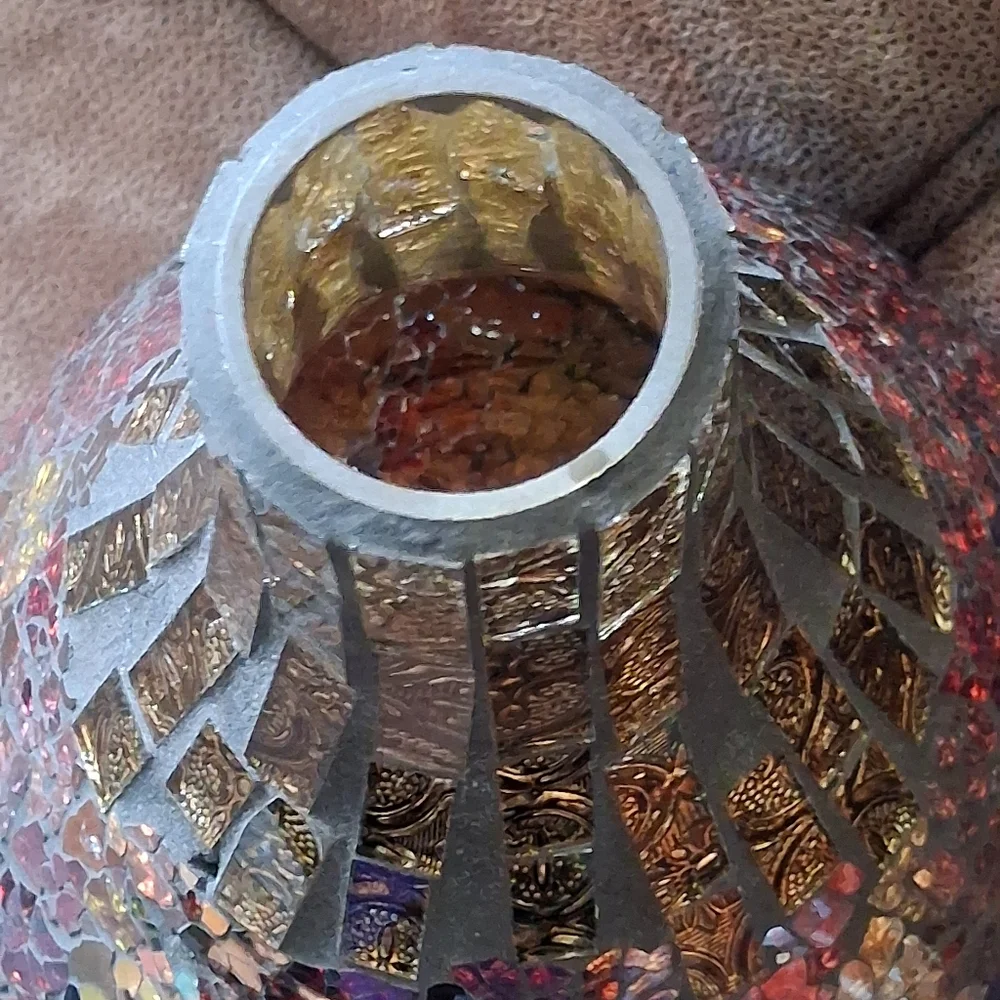 Iridescent Aurora Borealis Mosaic Vase Burgundy, Gold, Blue, Purple